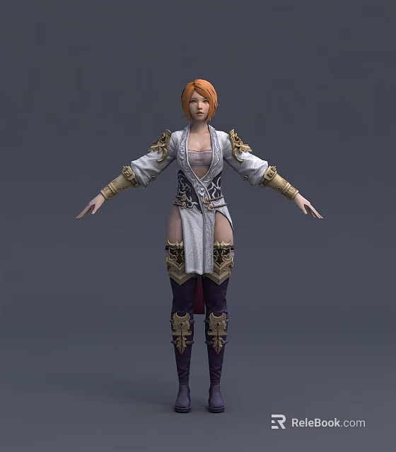 Orange Haired Game Movie Character In White Outfit With Golden Decorations And Metallic Armor 3d model 