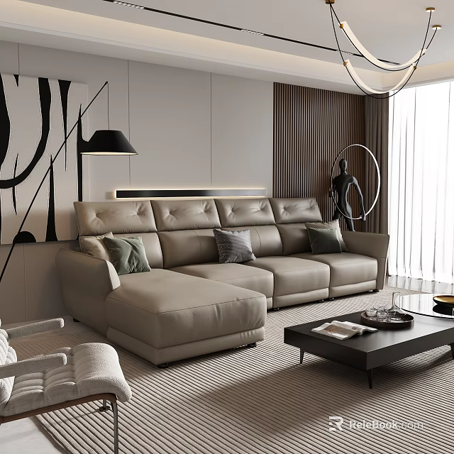 Modern Living Room Interior With Beige L shaped Sofa Cushions Black And White Abstract Painting 3d model 