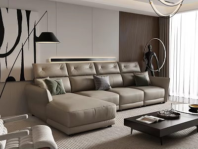 Modern Living Room Interior With Beige L shaped Sofa Cushions Black And White Abstract Painting 3d model