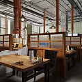 Modern Restaurant Interior With Wooden Tables Black Chairs Green Tiled Walls And Hanging Copper Lamps