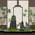 Indoor Landscape With Natural Rocks Lush Green Plants Wooden Screens And Stone Lanterns