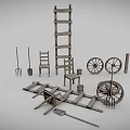 Rustic Wooden Farm Tools Collection Featuring Ladder Chairs Wheels Fork Shovel Planks And Bucket