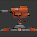 Orange Mechanical Device Featuring Cannon Like Structure And Silver Support Base