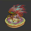 Game Movie Character Bonsai Scene With Red Maple Leaves Small Frog And Lotus Pond
