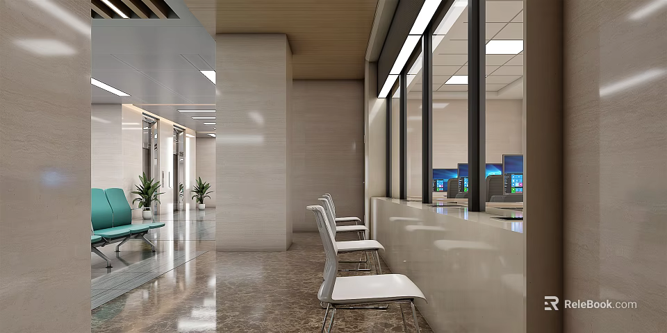 Modern Lobby Interior Design With White Chairs Reception Desk And Large Windows 3d model