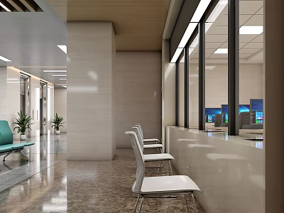 Modern Lobby Interior Design With White Chairs Reception Desk And Large Windows 3d model