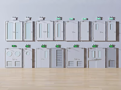 Various Gray Door Designs With Green Devices Arranged On Wall And Wooden Floor 3d model