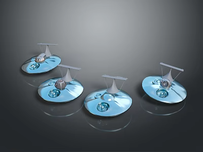 Four Blue Transparent Circular Objects With Silver Structures And Blue Spheres 3d model