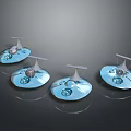 Four Blue Transparent Circular Objects With Silver Structures And Blue Spheres 3d model