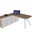 Modern Office Desk With Wooden Top White Drawers Metal Legs Computer Monitor And Stacked Books