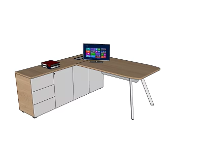 Modern Office Desk With Wooden Top White Drawers Metal Legs Computer Monitor And Stacked Books 3d model
