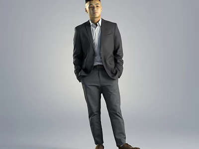 Smart Man in Dark Suit White Shirt Gray Pants with Hands in Pockets 3d model