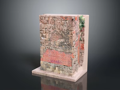 Stone Brick Structure Model With Various Colored Bricks Red Area Graffiti Base And Green Plants 3d model