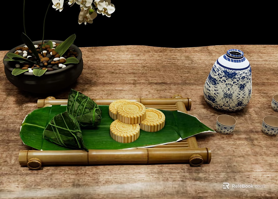 Traditional Chinese Zongzi and Mooncakes on Reed Leaves with Bamboo Tray and Porcelain Vase 3d model 