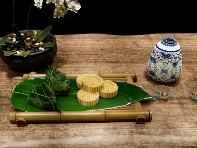 Traditional Chinese Zongzi and Mooncakes on Reed Leaves with Bamboo Tray and Porcelain Vase 3d model
