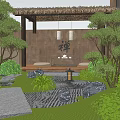 Serene Karesansui Garden With Thatched Pavilion Hanging Lanterns Zen Wall And Stone Pathway
