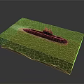 Detailed Submarine Model Display With Green Water Surface And Brown Seabed Scene