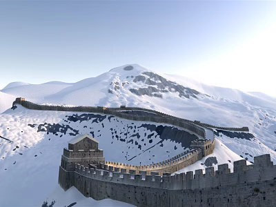 Breathtaking Great Wall Scenery With Snow Covered Mountain Range And Stone Walls 3d model