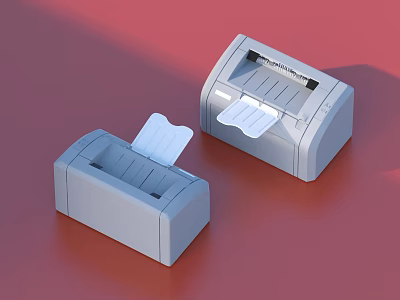 Office Appliances Two Gray Printers With Paper Sheets On Red Surface 3d model