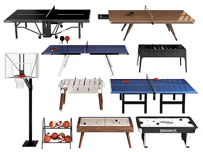 Sports Equipment Collection Featuring Table Tennis Tables Basketball Hoop Foosball And Billiard Tables 3d model