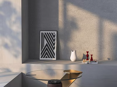 Modern Glass Coffee Table With Abstract Art Print Vase And Decorative Objects On Textured Wall 3d model