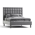 Modern Double Bed With Tufted Headboard And Striped Bedding Pillows 3d model
