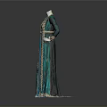 Elegant Teal Long Dress With Gold Trim And Belt For Formal Attire
