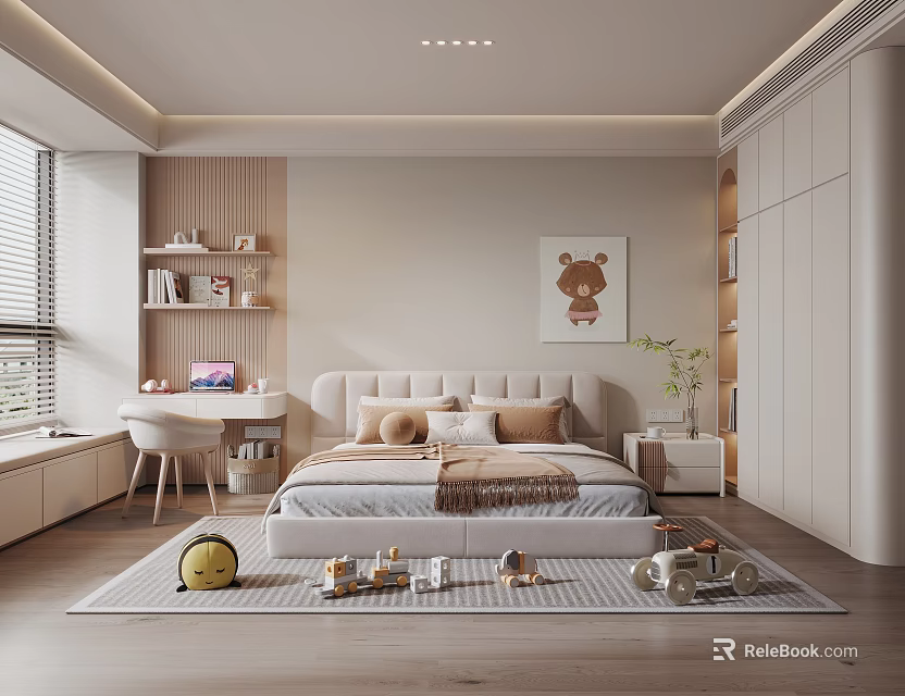 Modern Kids Room Interior Design With Bed Desk Bookshelf And Toys 3d model 