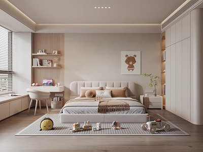 Modern Kids Room Interior Design With Bed Desk Bookshelf And Toys 3d model