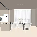 Modern Restaurant Interior With Open Kitchen White Dining Table Chairs Large Windows And Cabinets 3d model