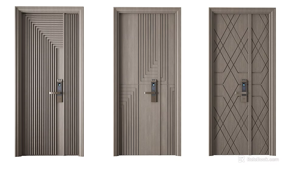 Modern Security Doors Featuring Wooden Finish Different Patterned Designs And Secure Locks 3d model 