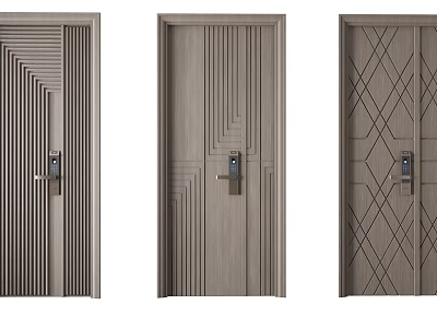 Modern Security Doors Featuring Wooden Finish Different Patterned Designs And Secure Locks 3d model