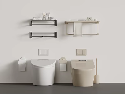 White And Beige Toilet With Wall Mounted Shelves Towel Bars Toilet Paper Holders And Brush 3d model