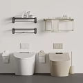 White And Beige Toilet With Wall Mounted Shelves Towel Bars Toilet Paper Holders And Brush