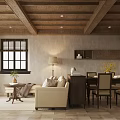 Warm Rustic Dining Living Room Interior With Wooden Beam Ceiling Table Sofa And Decorative Art