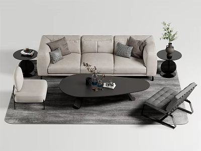 Modern Sofa and Coffee Table Set with Decorative Pillows Side Tables and Gray Rug 3d model