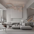 Modern Luxury Living Room Interior With Gray Sectional Sofa Artistic Chandelier And Fireplace Decor