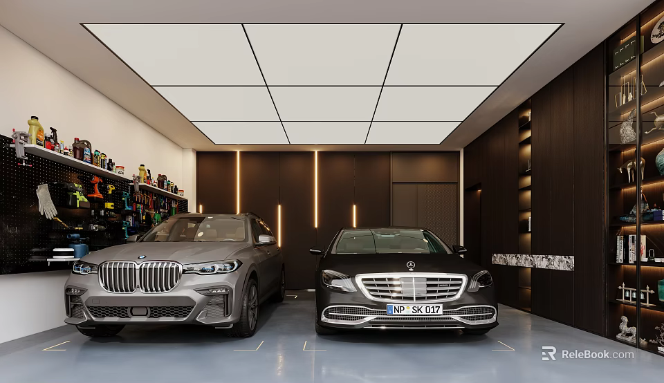 Modern Garage Interior With Luxury Cars Organized Storage And Lighting 3d model 