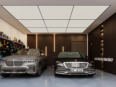 Modern Garage Interior With Luxury Cars Organized Storage And Lighting 3d model
