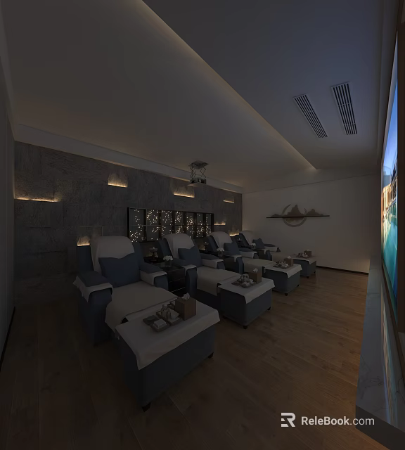 Elegant SPA Sauna Interior With Comfortable Massage Chairs Stone Walls And Wooden Floors 3d model 