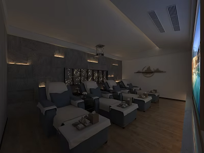 Elegant SPA Sauna Interior With Comfortable Massage Chairs Stone Walls And Wooden Floors 3d model