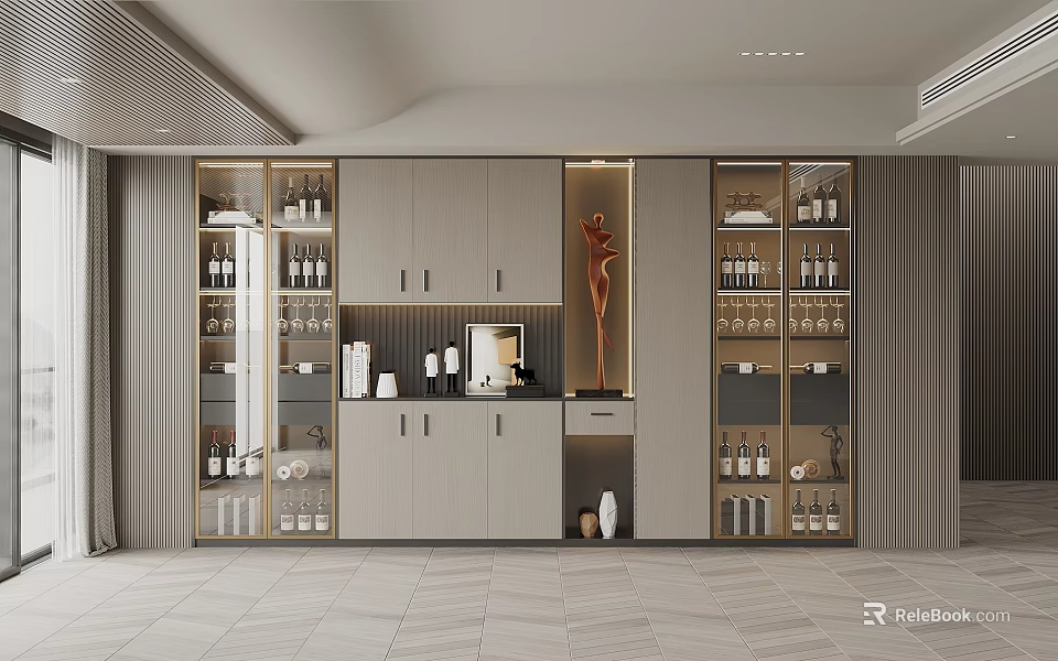 Modern Built in Wine Cabinet with Glass Doors and Wine Bottle 3d model 