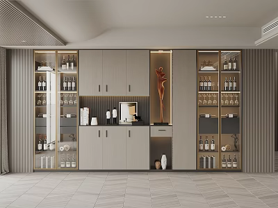 Modern Built in Wine Cabinet with Glass Doors and Wine Bottle 3d model