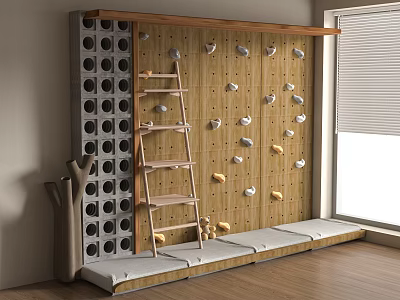 Fun Kids Play Area With Wooden Climbing Wall Ladder Climbing Holds And Safety Mats 3d model