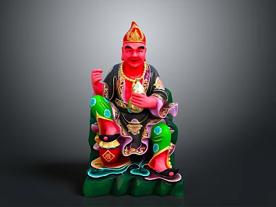Traditional Deity Statue With Red Face Golden Crown Green Robe And Decorative Base 3d model