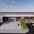 Modern Architectural Entrance Gate With Glass Facade Metal Frame And Greenery Driveway