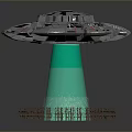 Disc Shaped Metallic UFO With Green Light Beam Hovering Above Trees