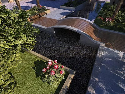 Residential Landscape Design With Wooden Bridge Stream Stone Pathway Lush Greenery And Flowers 3d model