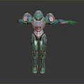 Futuristic Game Movie Character in Blue Red Armor with Outstretched Arms and Glowing Details