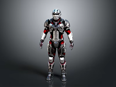 Futuristic Mechanical Armor Character With Silver And Red Design In Standing Pose 3d model